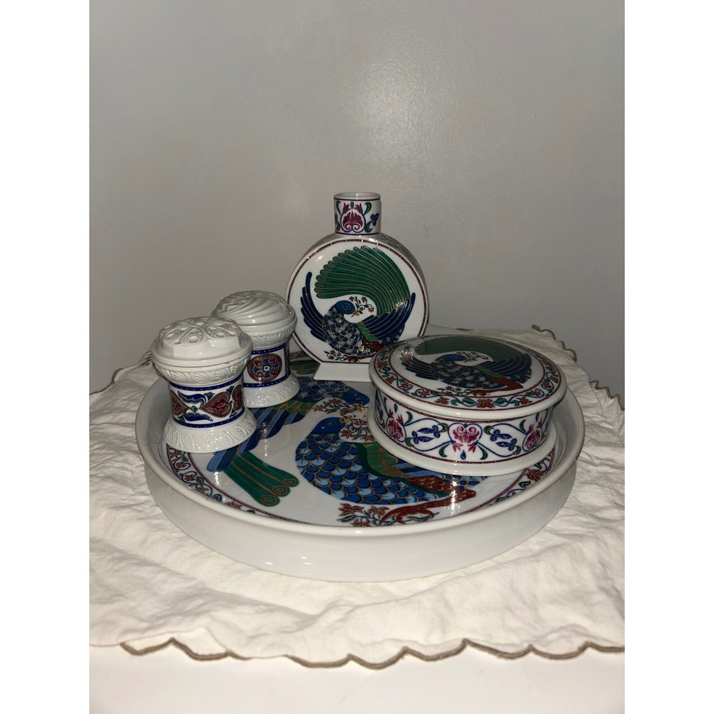 Vintage Byzantium Elizabeth Arden Peacock Vanity Set 5pc Tray Box Vase Japan